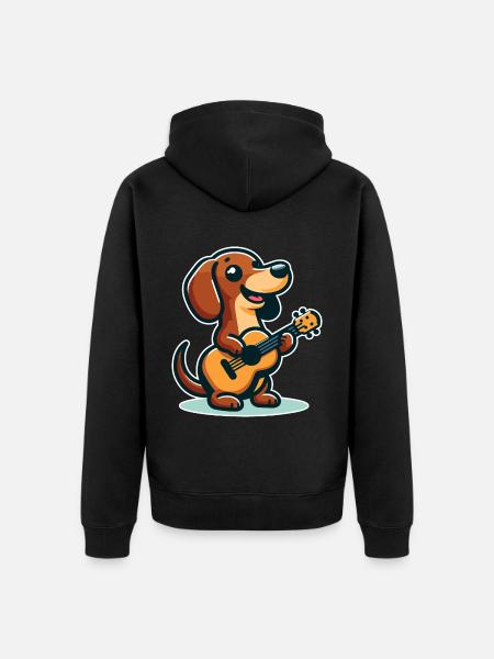 Cute Dachshund playing Guitar - Unisex Premium Organic Zip Hoodie - black