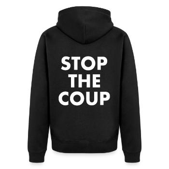 stop the coup - Unisex Premium Bio Zip Hoodie - Schwarz - Hinten - Nico (187cm)