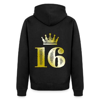 16 Zahl Krone Gold - Unisex Premium Bio Zip Hoodie - Schwarz - Hinten - Nico (187cm)