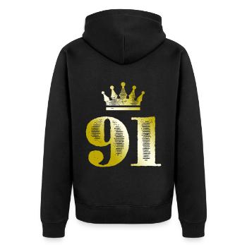 91 Zahl Krone Gold - Unisex Premium Bio Zip Hoodie - Schwarz - Hinten - Nico (187cm)