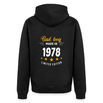 Bad Boy aus dem Jahr 1978 - Unisex Premium Bio Zip Hoodie - Schwarz - Hinten - Nico (187cm)