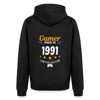 Gamer aus dem Jahr 1991 - Unisex Premium Bio Zip Hoodie - Schwarz - Hinten - Nico (187cm)