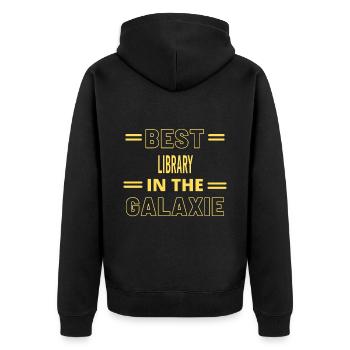 Das Beste aller Zeiten IN DER GALAXIE LIBRARY - Unisex Premium Bio Zip Hoodie - Schwarz - Hinten - Nico (187cm)