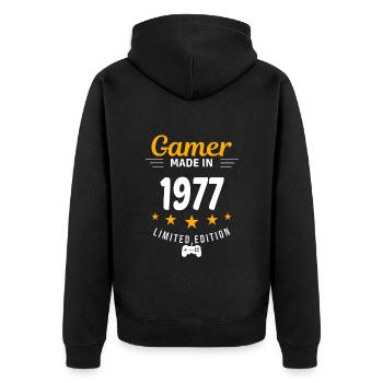 Gamer aus dem Jahr 1977 - Unisex Premium Bio Zip Hoodie - Schwarz - Hinten - Nico (187cm)