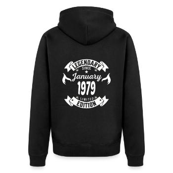 Legendär seit Januar 1979 - Unisex Premium Bio Zip Hoodie - Schwarz - Hinten - Nico (187cm)