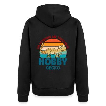 I'm working my favourite hobby Gecko - Unisex Premium Bio Zip Hoodie - Schwarz - Hinten - Nico (187cm)