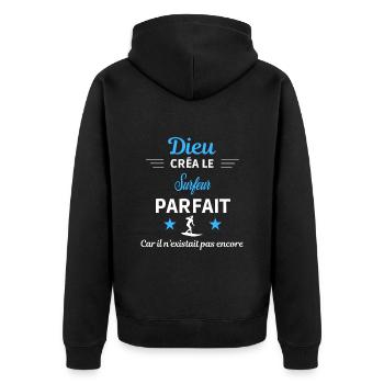 dieu créa parfait humour de bureau Surfeur - Veste à capuche bio Premium Unisexe - noir - Dos - Nico (187cm)
