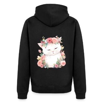 Katze Blumen Aquarell Zeichnung Kunst Bunt Floral - Unisex Premium Bio Zip Hoodie - Schwarz - Hinten - Nico (187cm)
