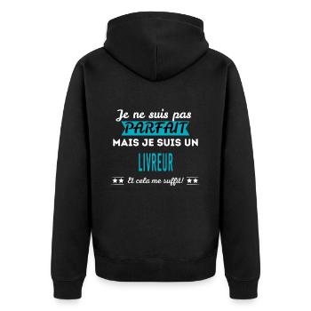 Je ne suis pas parfait LIVREUR - Veste à capuche bio Premium Unisexe - noir - Dos - Nico (187cm)