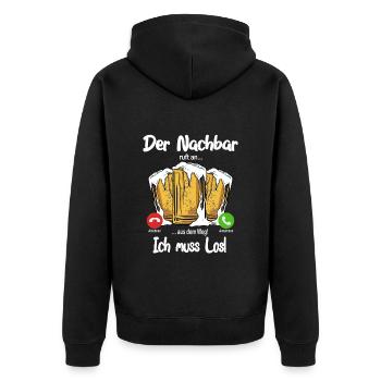 Der Nachbar ruft an... aus dem Weg, ich muss los! - Unisex Premium Bio Zip Hoodie - Schwarz - Hinten - Nico (187cm)