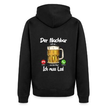 Der Nachbar ruft an... aus dem Weg, ich muss los! - Unisex Premium Bio Zip Hoodie - Schwarz - Hinten - Nico (187cm)