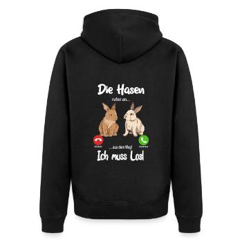 Die Hasen rufen an... aus dem Weg, ich muss los! - Unisex Premium Bio Zip Hoodie - Schwarz - Hinten - Nico (187cm)