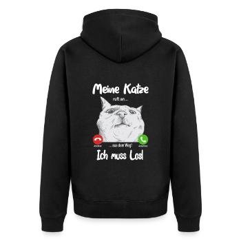 Meine Katze ruft an... aus dem Weg, ich muss los! - Unisex Premium Bio Zip Hoodie - Schwarz - Hinten - Nico (187cm)