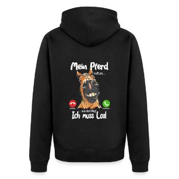 Mein Pferd ruft an... aus dem Weg, ich muss los! - Unisex Premium Bio Zip Hoodie - Schwarz - Hinten - Nico (187cm)