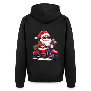 Funny Santa Claus gnome on a motorbike - Unisex Premium Organic Zip Hoodie - black - Back - Nico (187cm)