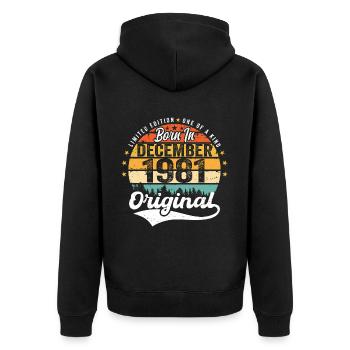 Original Dezember 1981 Jahrgang Geburtstag 1981 - Unisex Premium Bio Zip Hoodie - Schwarz - Hinten - Nico (187cm)