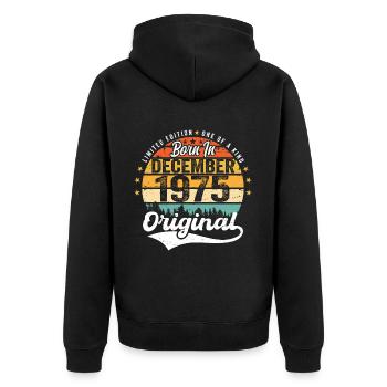 Original Dezember 1975 Jahrgang Geburtstag 1975 - Unisex Premium Bio Zip Hoodie - Schwarz - Hinten - Nico (187cm)
