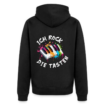 Musik Klavier "Ich rock die Tasten" Farbspritzer - Unisex Premium Bio Zip Hoodie - Schwarz - Hinten - Nico (187cm)