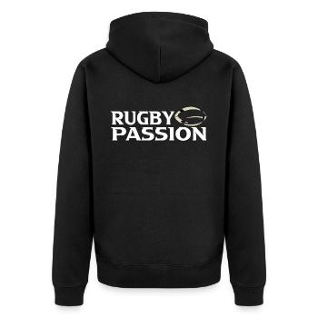 Rugby - Unisex Premium Organic Zip Hoodie - black - Back - Nico (187cm)