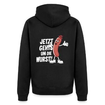 Jetzt geht es um die Wurst - Unisex Premium Bio Zip Hoodie - Schwarz - Hinten - Nico (187cm)