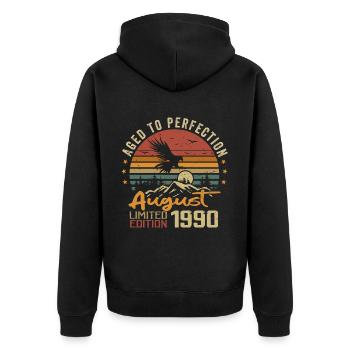 Jahrgang August 1990 Geburtstagsgeschenk August 1990 - Unisex Premium Bio Zip Hoodie - Schwarz - Hinten - Nico (187cm)