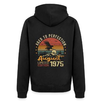 Jahrgang August 1975 Geburtstagsgeschenk August 1975 - Unisex Premium Bio Zip Hoodie - Schwarz - Hinten - Nico (187cm)