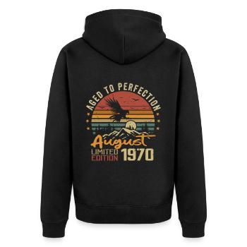 Millésime Août 1970 Cadeau Anniversaire Août 1970 - Veste à capuche bio Premium Unisexe - noir - Dos - Nico (187cm)