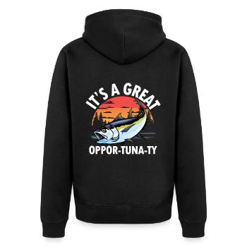 It’s a Great Oppor-tuna-ty für eine Anglerin - Unisex Premium Bio Zip Hoodie - Schwarz - Hinten - Nico (187cm)