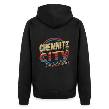 Chemnitz Germany City Font 80s style - Unisex Premium Organic Zip Hoodie - black - Back - Nico (187cm)