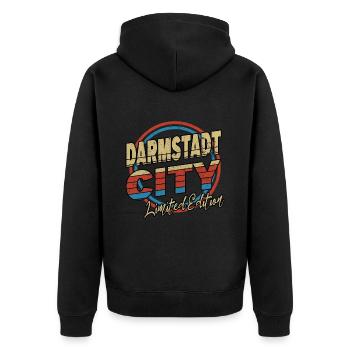 Darmstadt Germany City Font 80s style - Unisex Premium Organic Zip Hoodie - black - Back - Nico (187cm)