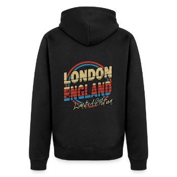 London England UK Stadt Schrift 80er Stil - Unisex Premium Bio Zip Hoodie - Schwarz - Hinten - Nico (187cm)