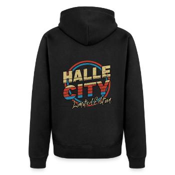 Halle Saale Germany City Font 80s Style - Unisex Premium Organic Zip Hoodie - black - Back - Nico (187cm)