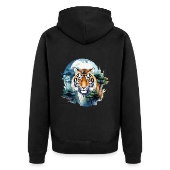 Tiger Raubkatze Natur Wald Mond Nacht Aquarell - Unisex Premium Bio Zip Hoodie - Schwarz - Hinten - Nico (187cm)