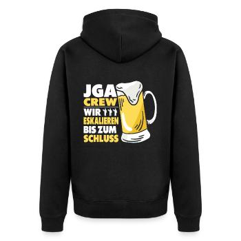 JGA Crew Wir Eskalieren Bis Zum Schluss Gruppen - Unisex Premium Bio Zip Hoodie - Schwarz - Hinten - Nico (187cm)