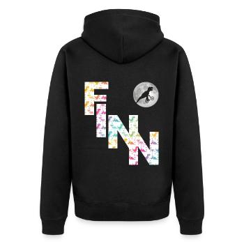 FINN - Schöner Jungen Name mit Dinosaurier - Unisex Premium Bio Zip Hoodie - Schwarz - Hinten - Nico (187cm)