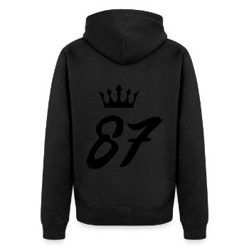 87 Zahl Krone - Unisex Premium Bio Zip Hoodie - Schwarz - Hinten - Nico (187cm)