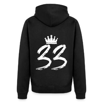33 Zahl Krone - Unisex Premium Bio Zip Hoodie - Schwarz - Hinten - Nico (187cm)