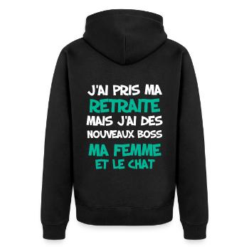 Retraite Homme Humour et femme et chat boss - Veste à capuche bio Premium Unisexe - noir - Dos - Nico (187cm)