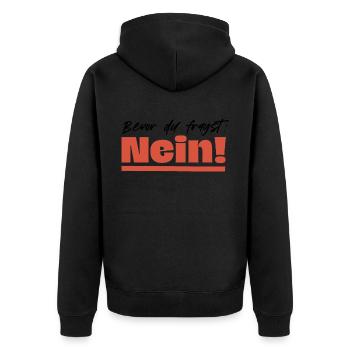 Bevor du fragst: Nein! - Unisex Premium Bio Zip Hoodie - Schwarz - Hinten - Nico (187cm)