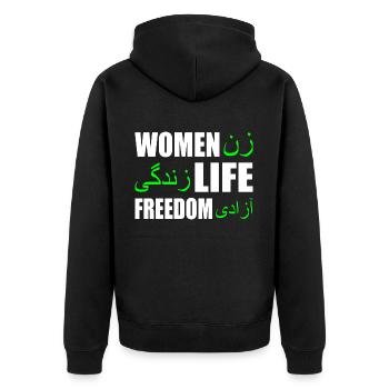 Women life freedom زن زندگی آزادی - Unisex Premium Bio Zip Hoodie - Schwarz - Hinten - Nico (187cm)