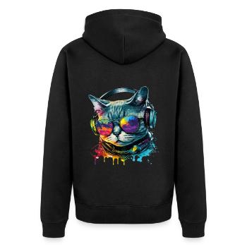 Katze Sonnenbrille Kopfhörer Splash Bunt Tier - Unisex Premium Bio Zip Hoodie - Schwarz - Hinten - Nico (187cm)