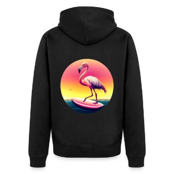Surfing flamingo in sunset - Unisex Premium Organic Zip Hoodie - black - Back - Nico (187cm)