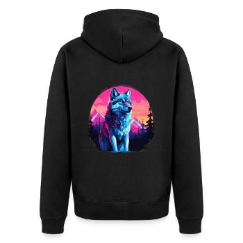 Wolf Wolfskopf Wölfe Wolfsrudel Natur Neon Bunt - Unisex Premium Bio Zip Hoodie - Schwarz - Hinten - Nico (187cm)