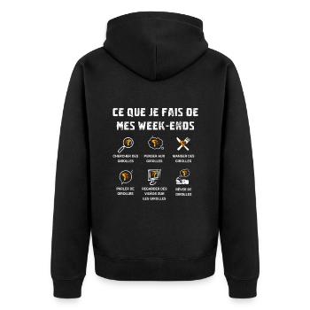 Girolles - Ce que je fais de mes week-ends - Veste à capuche bio Premium Unisexe - noir - Dos - Nico (187cm)