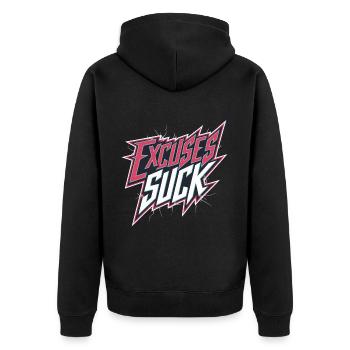 Excuses Suck 14 - Unisex Premium Bio Zip Hoodie - Schwarz - Hinten - Nico (187cm)