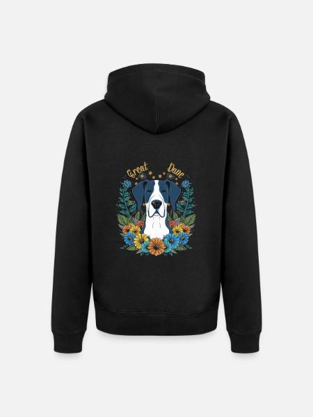 Great Dane with pretty flowers - Unisex Premium Organic Zip Hoodie - black