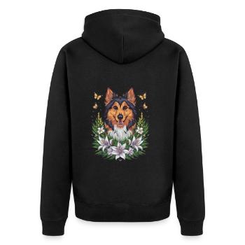 Norwegischer Elchhund mit Lillien, Schmetterlingen - Unisex Premium Bio Zip Hoodie - Schwarz - Hinten - Nico (187cm)