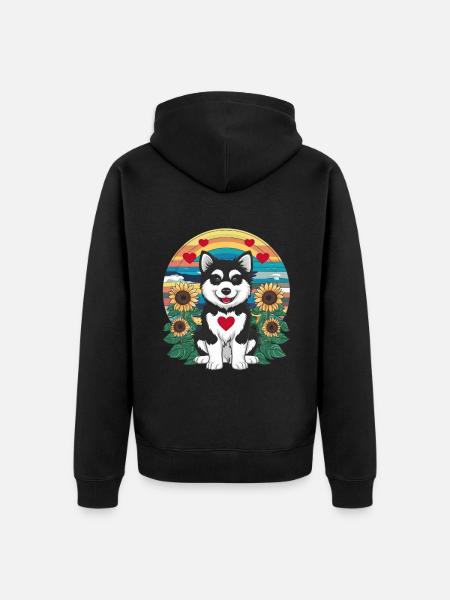 Alaskan malamuutti auringonkukkien ja sydämien kanssa - Premium unisex luomu-huppari vetoketjulla - musta