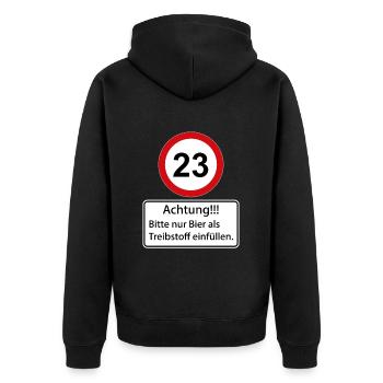 23 Achtung nur Bier als Treibstoff einfüllen - Unisex Premium Bio Zip Hoodie - Schwarz - Hinten - Nico (187cm)