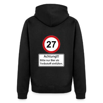 27 Achtung nur Bier als Treibstoff einfüllen - Unisex Premium Bio Zip Hoodie - Schwarz - Hinten - Nico (187cm)